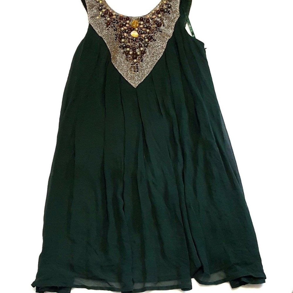 SUE WONG Sz 14 SILK Dress BEADED DEEP Front Back V